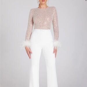 NADINE MERABI Sequin Beige and White Jumpsuit